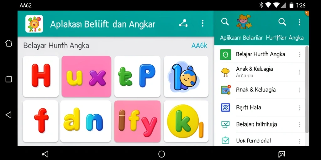 Tampilan antarmuka AA62 yang menarik untuk belajar huruf dan angka.