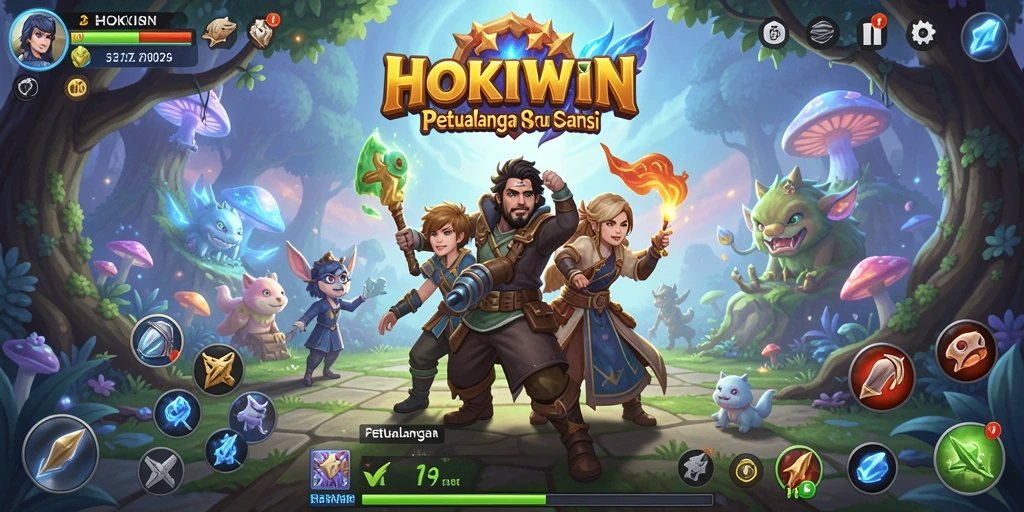 Screenshot utama HOKIWIN menampilkan karakter dalam misi petualangan.