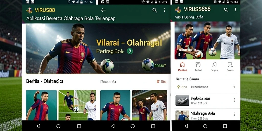 Tampilan antarmuka aplikasi VIRUS88 dengan berita olahraga bola.